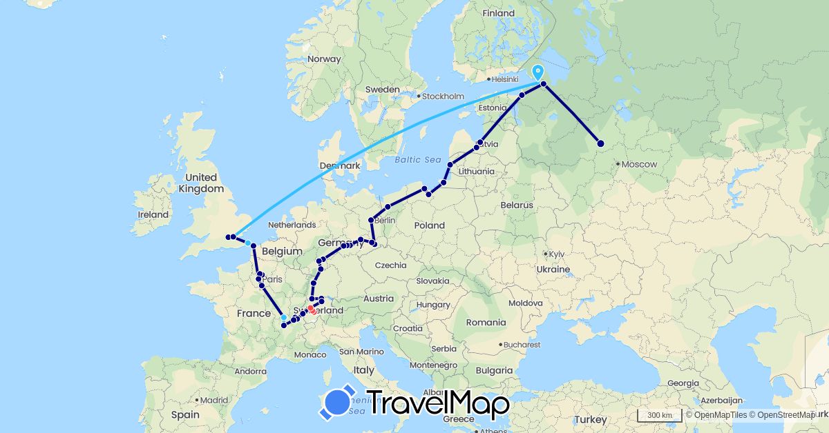 TravelMap itinerary: driving, hiking, boat in Switzerland, Germany, Estonia, France, United Kingdom, Lithuania, Latvia, Poland, Russia (Europe)